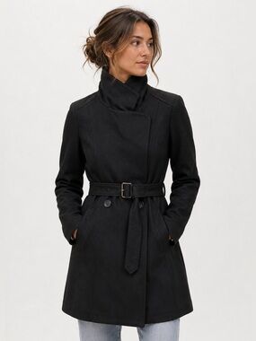 Theory Black Belted Funnel Neck Trench Coat Jacket Size 4 / P